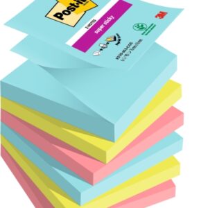 post it super sticky pack de 6 blocs de 90 notas adhesivas reposicionables forma cuadrada 76x76mm en zig zag colores surtidos