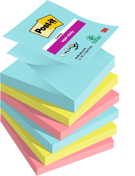 post it super sticky pack de 6 blocs de 90 notas adhesivas reposicionables forma cuadrada 76x76mm en zig zag colores surtidos