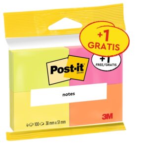 post it pack de 4 blocs de 100 notas adhesivas reposicionables colores neon 38x51mm promocion 3 blocs + 1 gratis colores surtidos