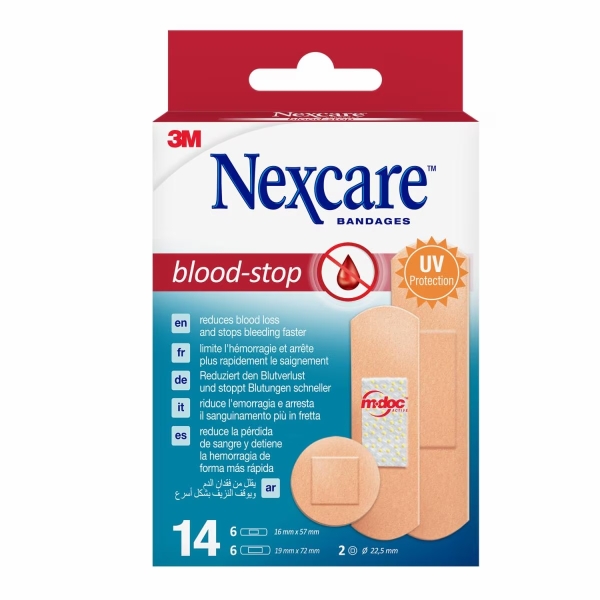 nexcare blood stop pack de 14 apositos surtidos resistente al agua mayor rapidez deteniendo hemorragias color piel