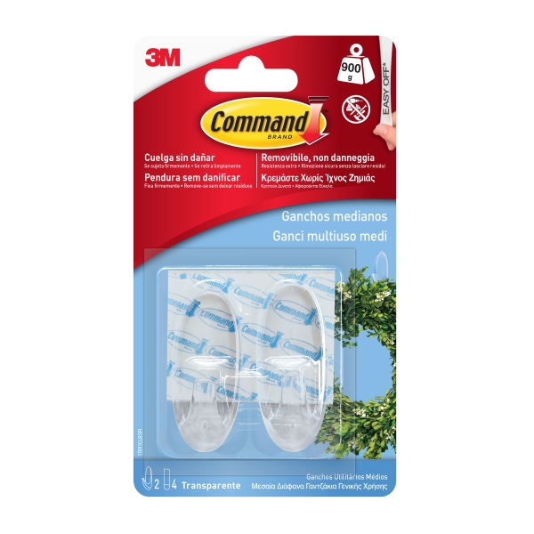 command pack de 2 ganchos medianos 4 tiras adhesivas soporta hasta 0.9kg color transparente