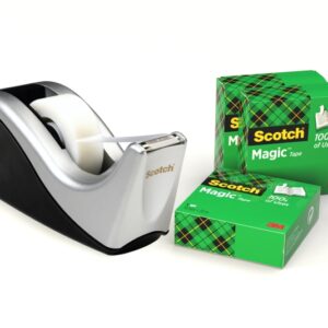 scotch magic dispensador de cinta adhesiva para cintas de hasta 19mm x 33m incluye 4 cintas adhesivas color negro/plata
