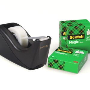 scotch pack de dispensador de cinta adhesiva + 4 cintas adhesivas scotch magic para cintas de hasta 19mm x 33m color negro