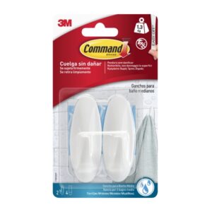 command pack de 2 ganchos medianos para aseo resistente al agua 4 tiras adhesivas soporta hasta 1.3kg color blanco