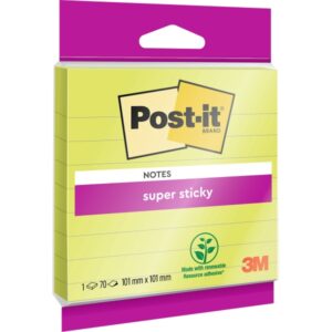 post it super sticky pack de hojas/bloc, 1 bloc de 70 bloc de 70 notas grandes adhesivas reposicionables con lineas 101x101mm color verde