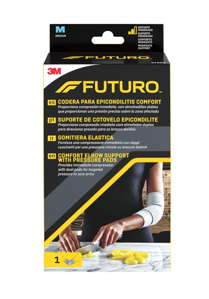 futuro comfort codera para epicondilitis talla m (25.4 27.9cm) transpirable elastico anatomico color gris