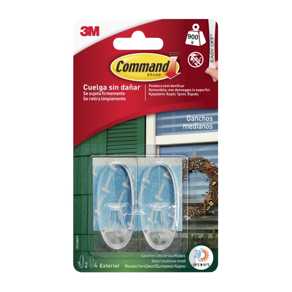 command pack de 2 ganchos medianos para uso en exterior 4 tiras adhesivas soporta hasta 0.9kg color transparente