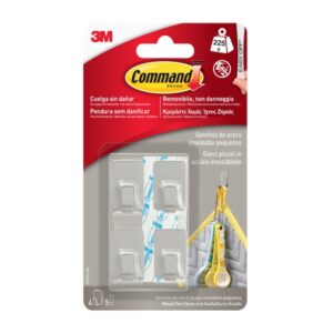 command pack de 4 ganchos compactos acero inoxidable 5 tiras adhesivas soporta hasta 225g talla s color transparente