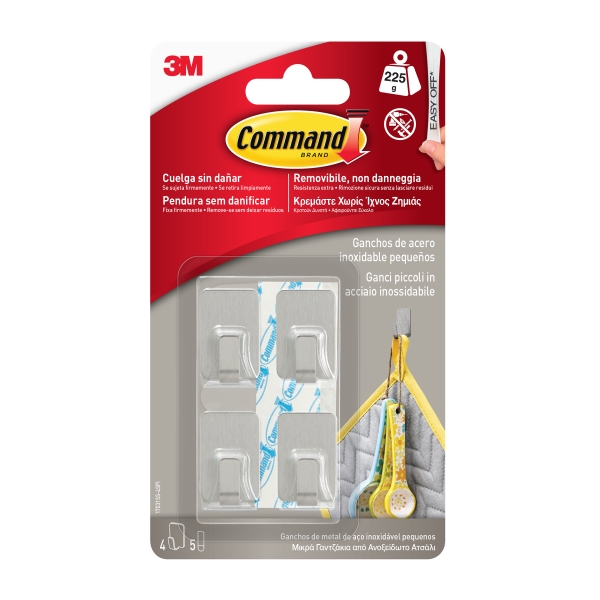 command pack de 4 ganchos compactos acero inoxidable 5 tiras adhesivas soporta hasta 225g talla s color transparente