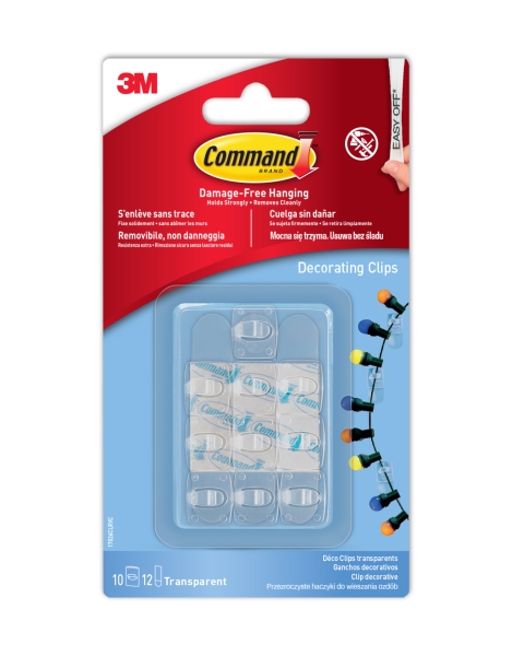 command pack de 10 ganchos para luces sujeccion de clip 12 tiras adhesivas color transparente