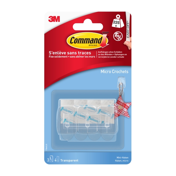 command mini pack de 3 ganchos 4 tiras adhesivas soportan hasta 225g color transparente