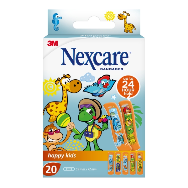 nexcare happy kids pack de 20 apositos para heridas 19x72mm transpirables para pieles delicadas color estampado infantil