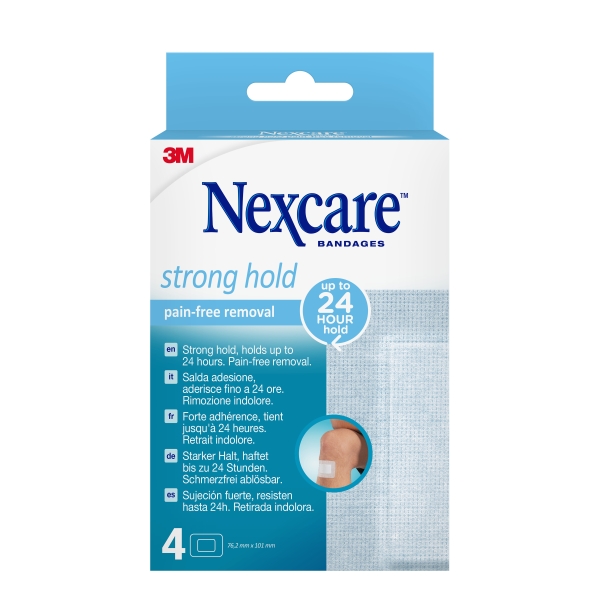 nexcare strong hold pack de 4 apositos para heridas 76.2x101mm retirada sin dolor transpirables reposicionables color blanco