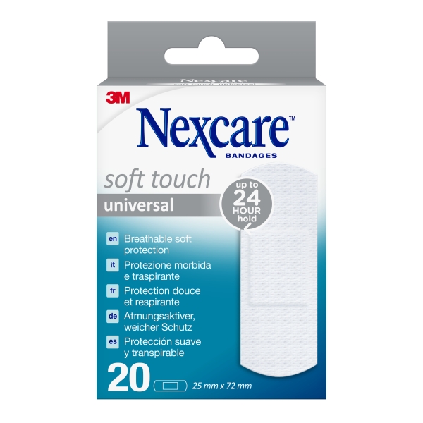 nexcare universal soft touch pack de 20 apositos para heridas 25x72mm transpirable tacto agradable color blanco