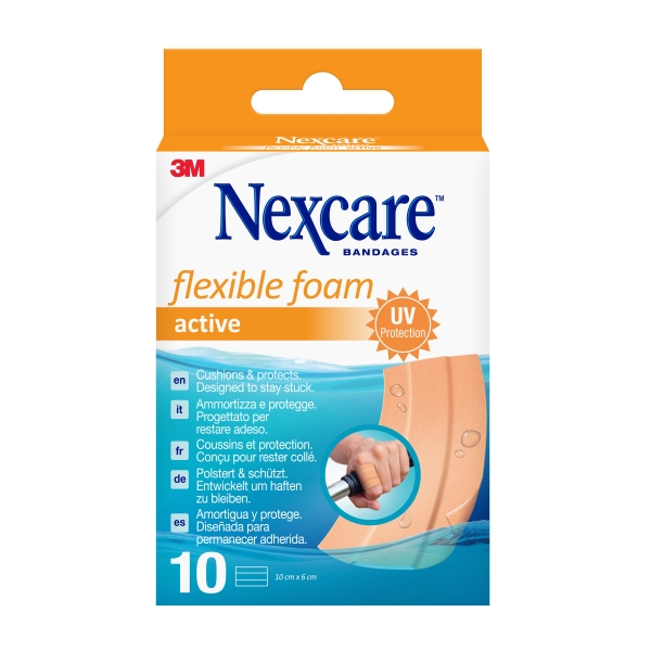 nexcare active flexible foam pack de 10 apositos para heridas 6x10cm transpirable resistente al agua color piel