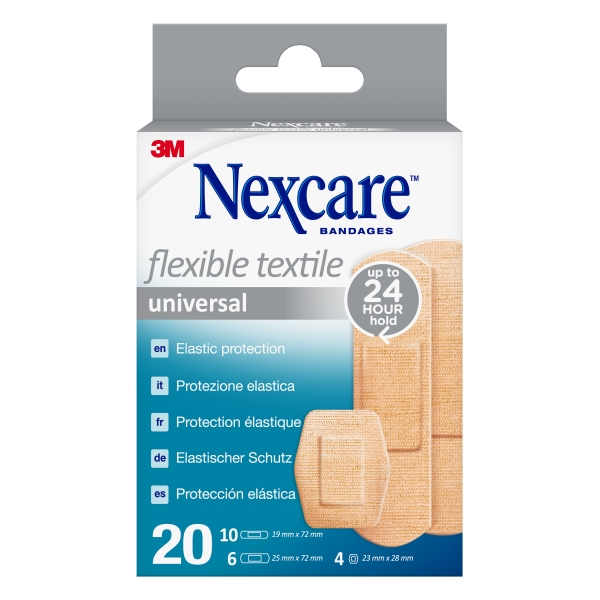 nexcare universal flexible textile pack de 20 apositos surtidos transpirable elastico color piel