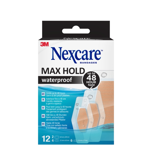 nexcare max hold waterproof pack de 12 apositos surtidos impermeable fijacion 48h transpirable color transparente