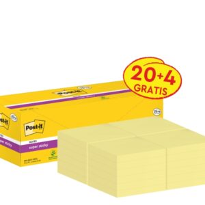post it super sticky pack de 24 blocs de 90 notas adhesivas reposicionables 76x76mm promocion 20 blocs + 4 gratis paquete de carton color amarillo claro