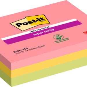 post it super sticky pack de 3 blocs de 70 notas para reuniones adhesivas reposicionables 203x153mm colores surtidos