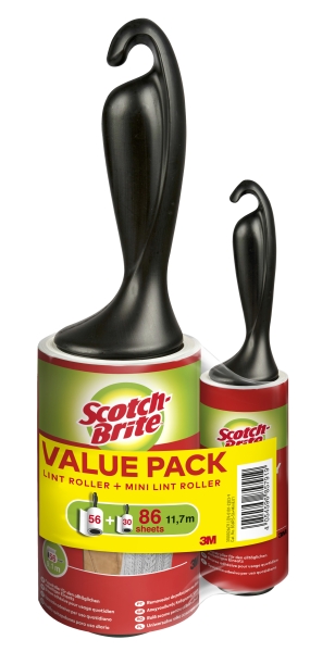 scotch brite everyday clean rodillo quitapelusas adhesivo 56 hojas incluye rodillo mini para uso diario de 30 hojas color negro