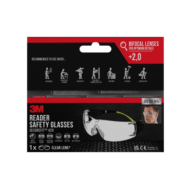 3m securefit gafas de seguridad graduadas bifocales +2.0 dioptrias antivaho antirrayaduras lente incolora proteccion uv color transparente