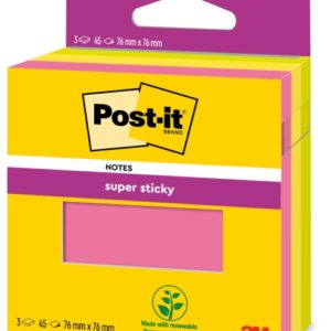 post it super sticky pack de 3 blocs de 45 notas adhesivas reposicionables 76x76mm 100% pefc colores surtidos