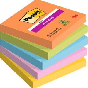 post it super sticky pack de 5 blocs de 90 notas adhesivas reposicionables forma cuadrada 76x76mm colores surtidos