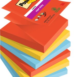 post it super sticky pack de 6 blocs de 90 notas adhesivas reposicionables forma cuadrada 76x76mm en zig zag colores surtidos