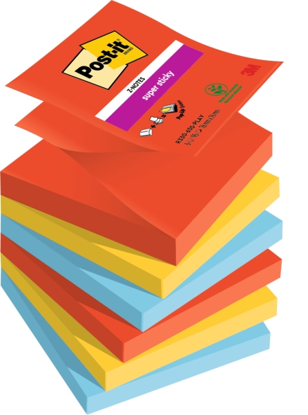 post it super sticky pack de 6 blocs de 90 notas adhesivas reposicionables forma cuadrada 76x76mm en zig zag colores surtidos