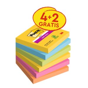 post it super sticky pack de 6 blocs de 90 notas adhesivas reposicionables forma cuadrada 76x76mm colores surtidos