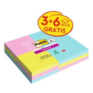 post it super sticky pack de 9 blocs de 90 notas adhesivas reposicionables coleccion cosmic 3 blocs con lineas + 6 estandar colores surtidos