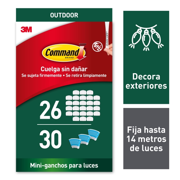 command pack de 26 ganchos para luces sujeccion de clip 30 tiras adhesivas color blanco