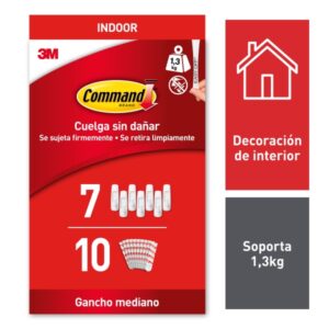 command pack de 7 ganchos medianos 10 tiras adhesivas uso en interior soporta hasta 1.3kg color blanco