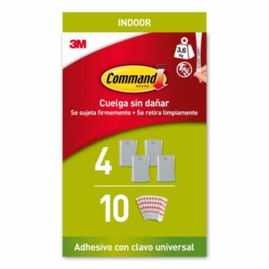 command universal soporte adhesivo con clavo para colgar 4 ganchos 10 tiras grande soporta hasta 3.6kg color gris