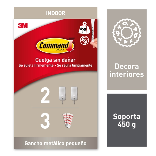 command pack de 2 ganchos compactos talla s 3 tiras adhesivas soporta hasta 450g color niquel