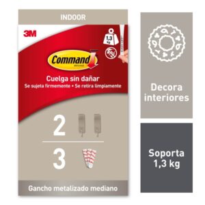 command pack de 2 ganchos medianos 3 tiras adhesivas soporta hasta 1.3kg color niquel