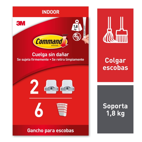 command soporte de pared para escoba 6 pack de 2 tiras adhesivas soporta hasta 1.8kg color blanco