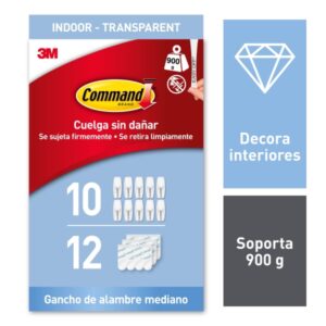 command pack de 10 ganchos mediano 12 tiras adhesivas punta metalica soporta hasta 0.9kg uso en interior color transparente