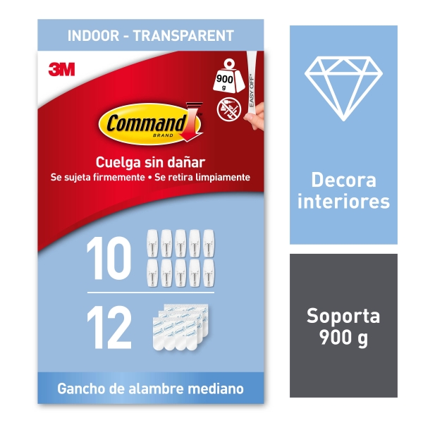 command pack de 10 ganchos mediano 12 tiras adhesivas punta metalica soporta hasta 0.9kg uso en interior color transparente