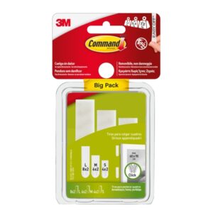 command pack de 36 tiras adhesivas para colgar cuadros 8 pares l + 6 paresm + 4 pares s soporta hasta 7.2kg color blanco