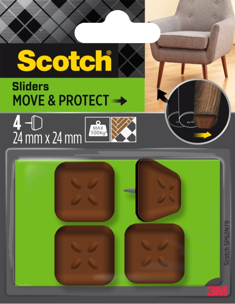 scotch move and protect pack de 4 patines deslizantes con clavo 24x24mm soporta hasta 100kg color marron