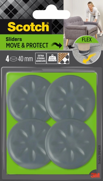 scotch move and protect flex pack de 4 patines deslizantes adhesivos diametro de 40mm soporta hasta 300kg color gris