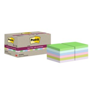 post it super sticky pack de 12 blocs de 70 notas adhesivas recicladas forma cuadrada 47.6x47.6mm colores surtidos