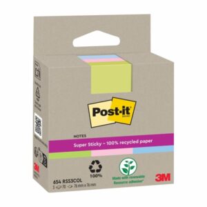 post it super sticky pack de 3 blocs de 70 notas adhesivas recicladas forma cuadrada 76x76mm colores surtidos