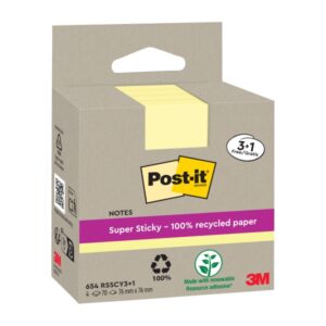 post it super sticky pack de 4 blocs de 70 notas adhesivas recicladas forma cuadrada 76x76mm color amarillo claro