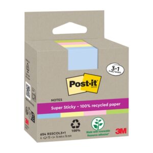 post it super sticky pack de 4 blocs de 70 notas adhesivas recicladas forma cuadrada 76x76mm colores surtidos