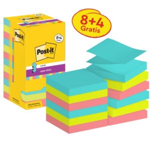 post it super sticky pack de 12 blocs de 90 notas adhesivas reposicionables forma cuadrada 76x76mm en zig zag colores surtidos