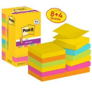post it super sticky pack de 12 blocs de 90 notas adhesivas reposicionables forma cuadrada 76x76mm en zig zag colores surtidos