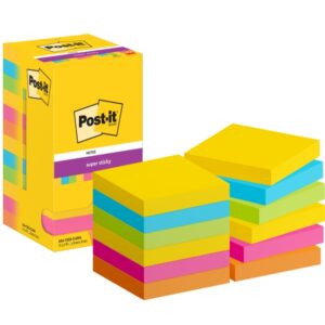 post it super sticky pack de 12 blocs de 90 notas adhesivas reposicionables forma cuadrada 76x76mm colores surtidos