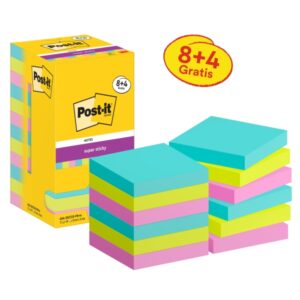 post it super sticky pack de 12 blocs de 90 notas adhesivas reposicionables forma cuadrada 76x76mm colores surtidos